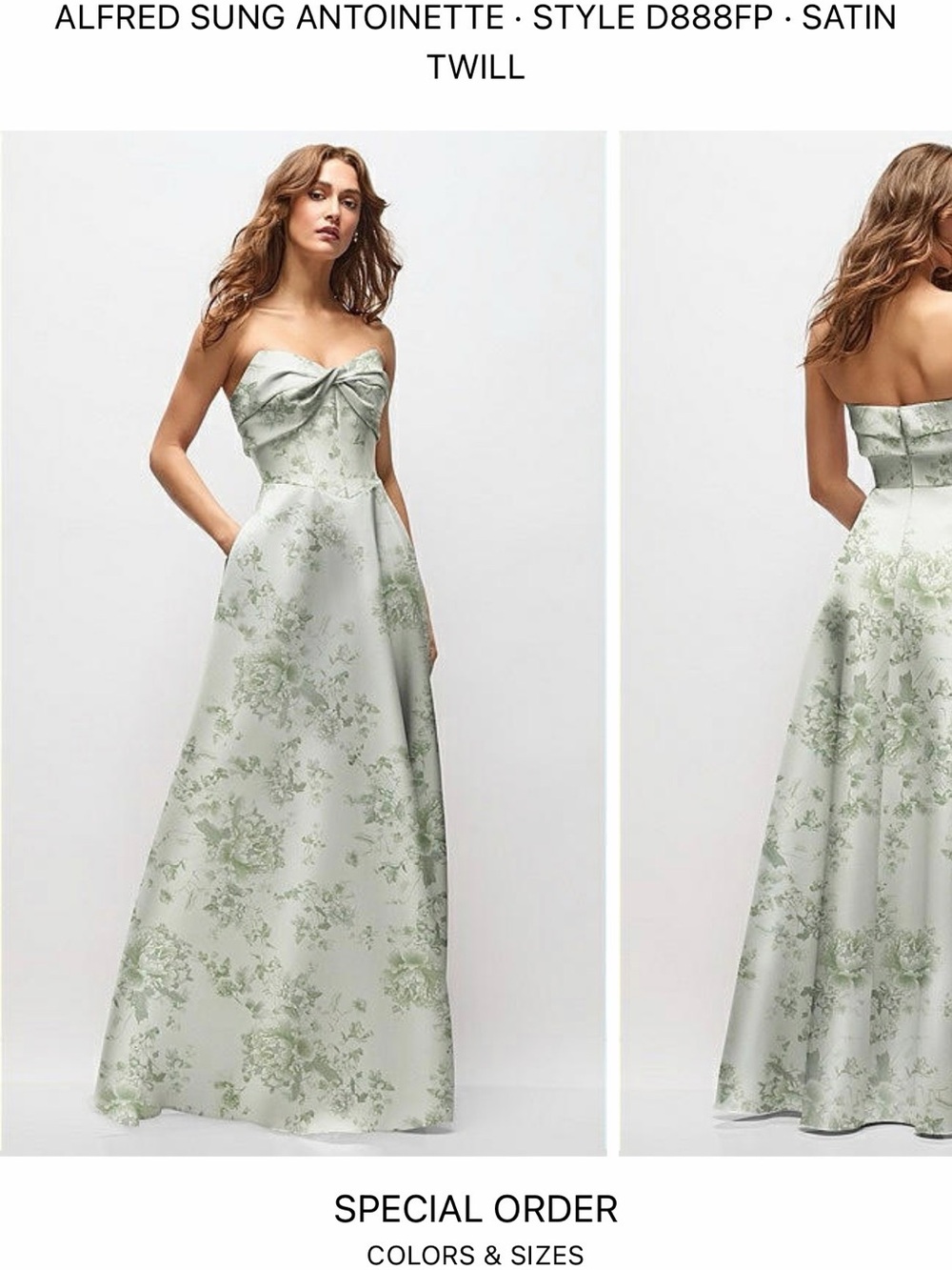 ALFRED SUNG Antionette Strapless Floral Satin Gown in Sage Cottage Rose